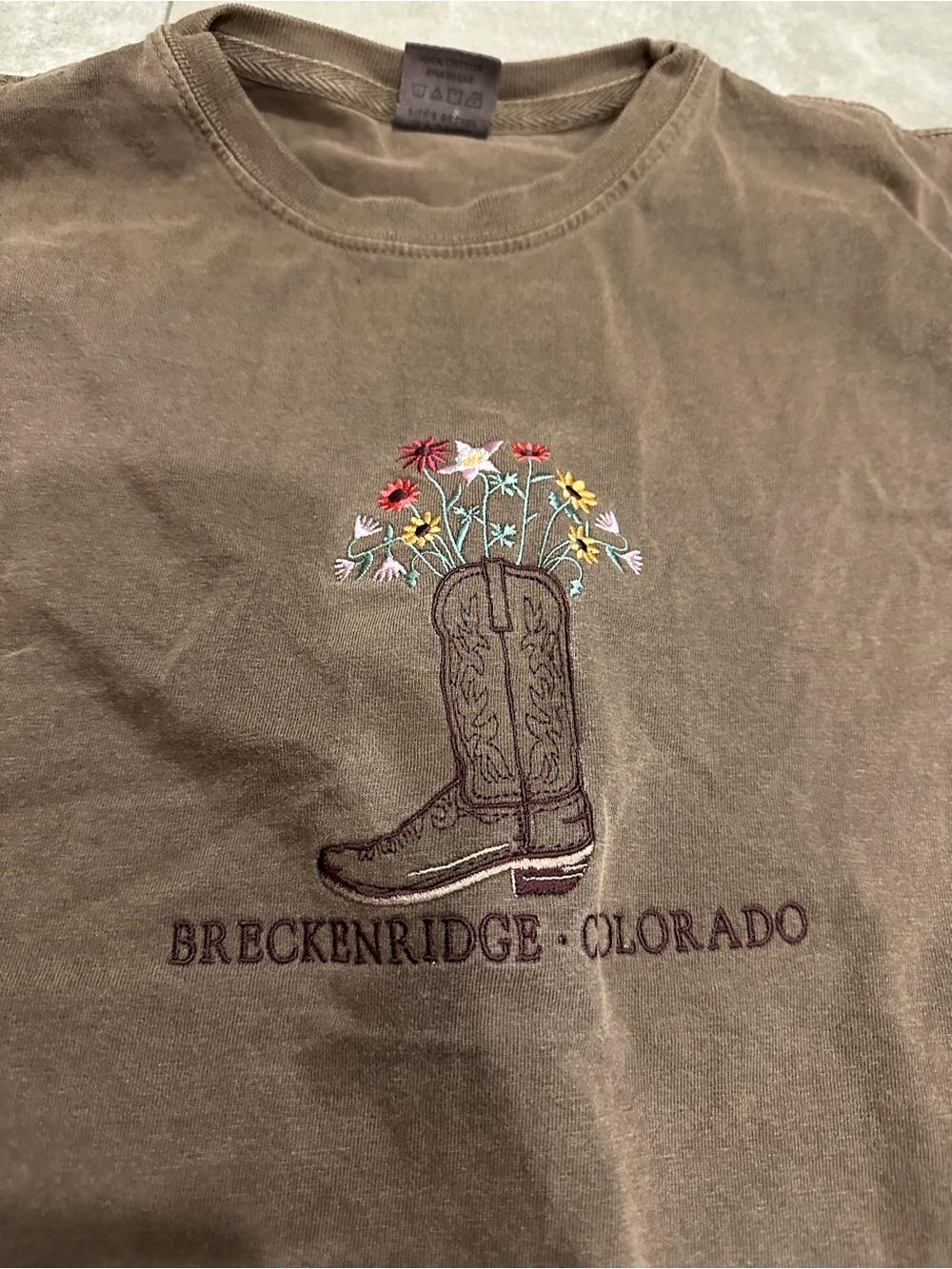 Breckenridge Colorado Brown Tee with Embroidered Cowboy Boot & Flowers